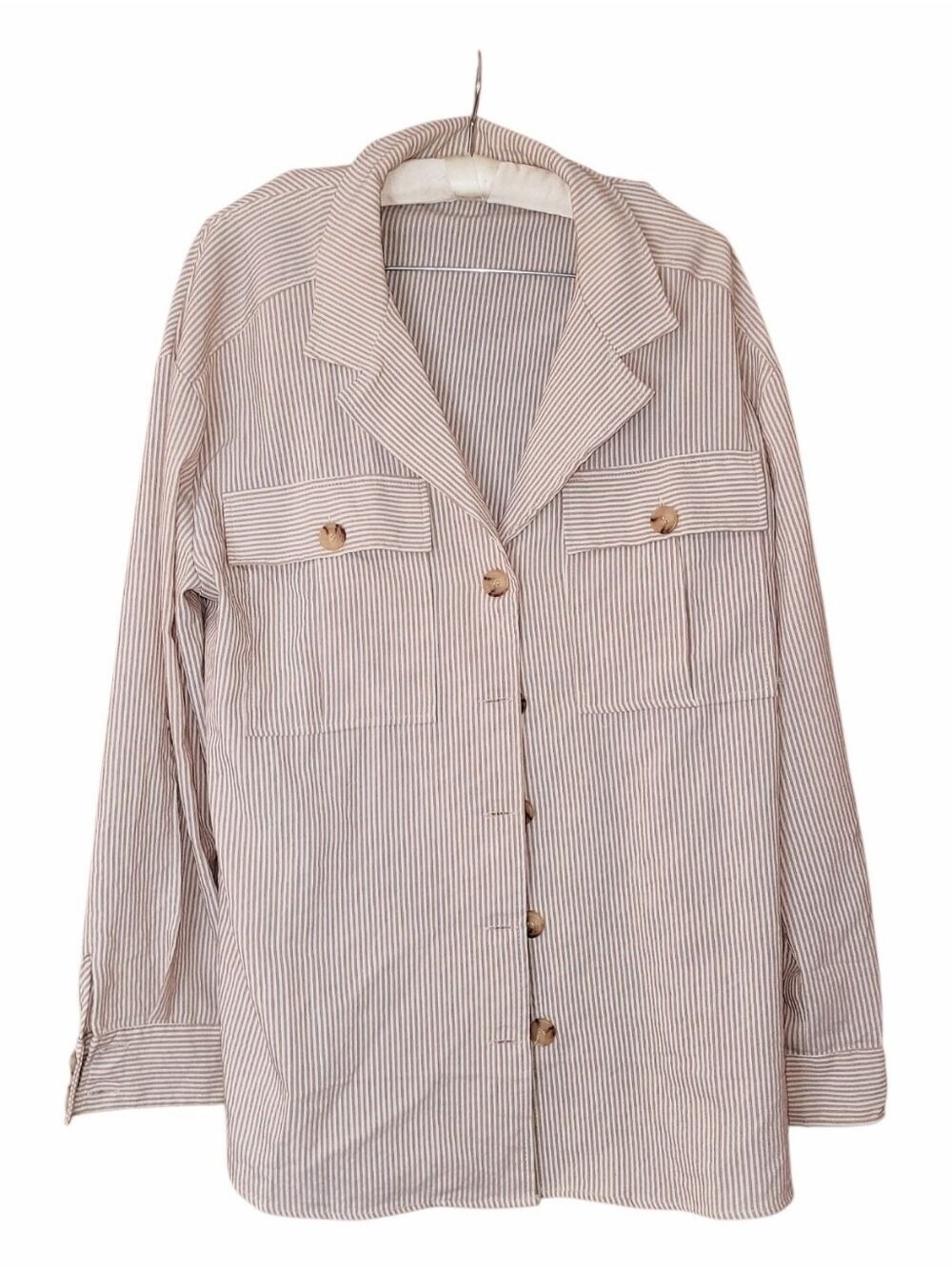 Day To Day Blu Pepper Brown & White Striped Utility Jacket Shacket Top M